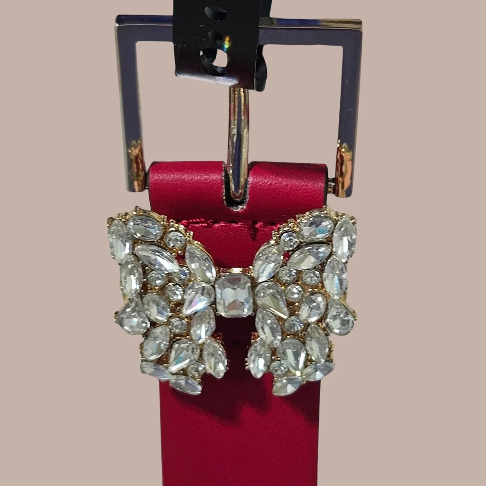 Kate Spade Belt Large Ripe Apple Red Rhinestone Butterfly Leather Vacation